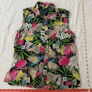 Izod Sleeveless Tank Collared Buttoned Shirt Bright Florals 100% silk